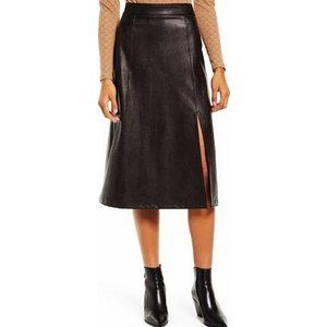 Spanx Leather-Like Midi Skirt Noir A-Line Shiny High-Waist Pencil Mid-Length S